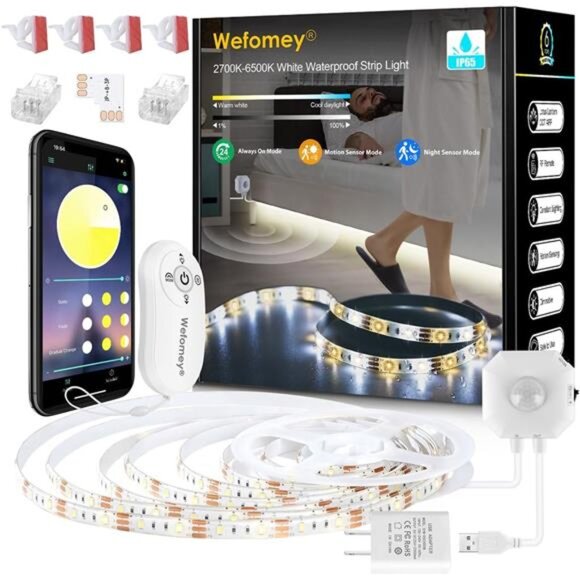 White LED Strip Lights with Motion Sensor, Remote, APP Control, 10ft Waterproof - Picture 1 of 8